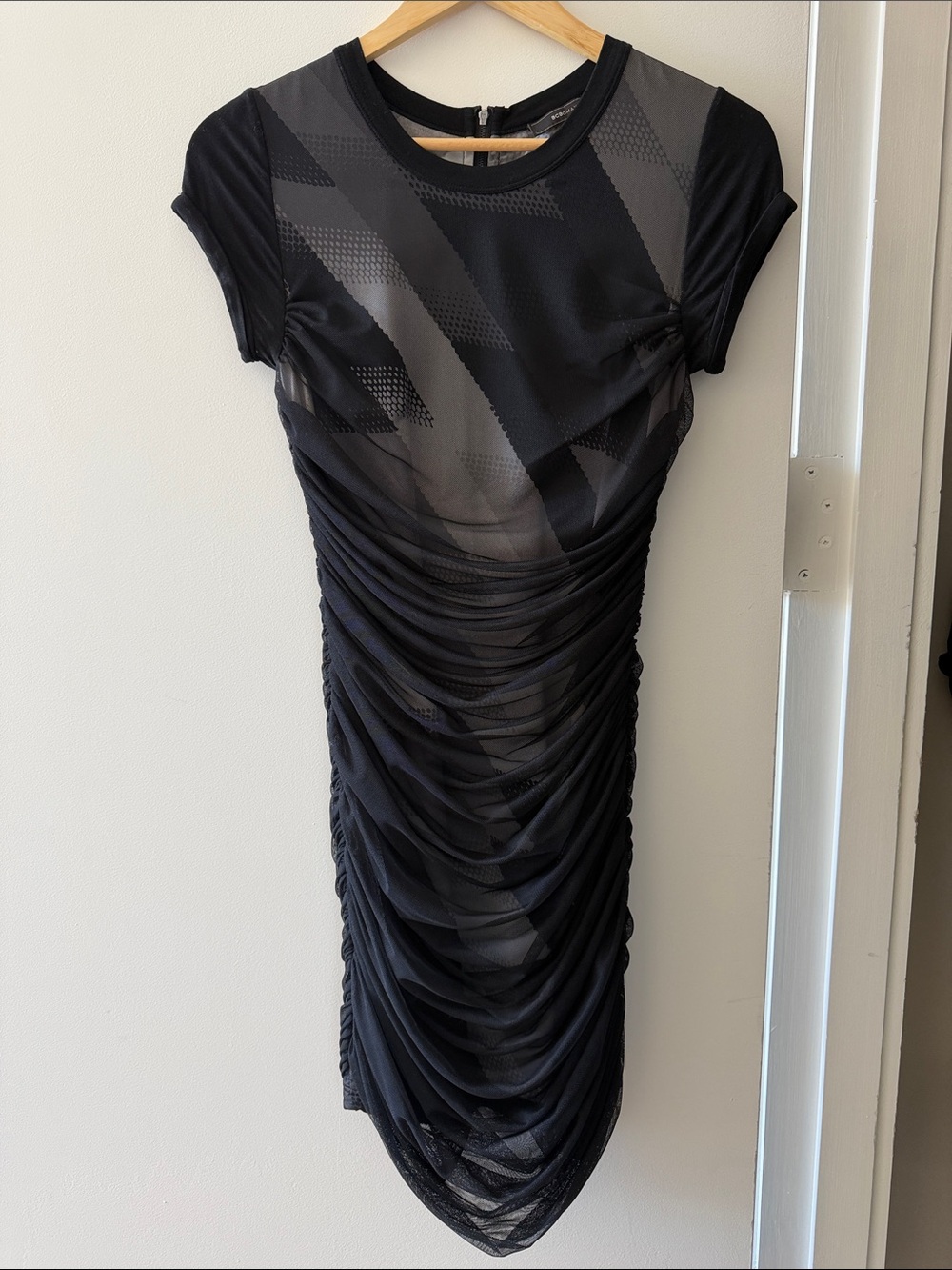 BCBGMaxAzria Black Ruched Mesh Sheath Dress